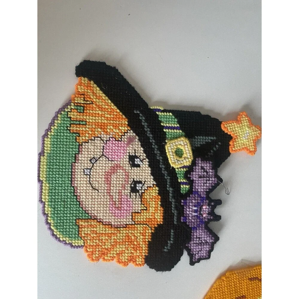 VTG  Halloween Pumpkins Witch  & Cat Wall Hanging Needlepoint Plastic Canvas